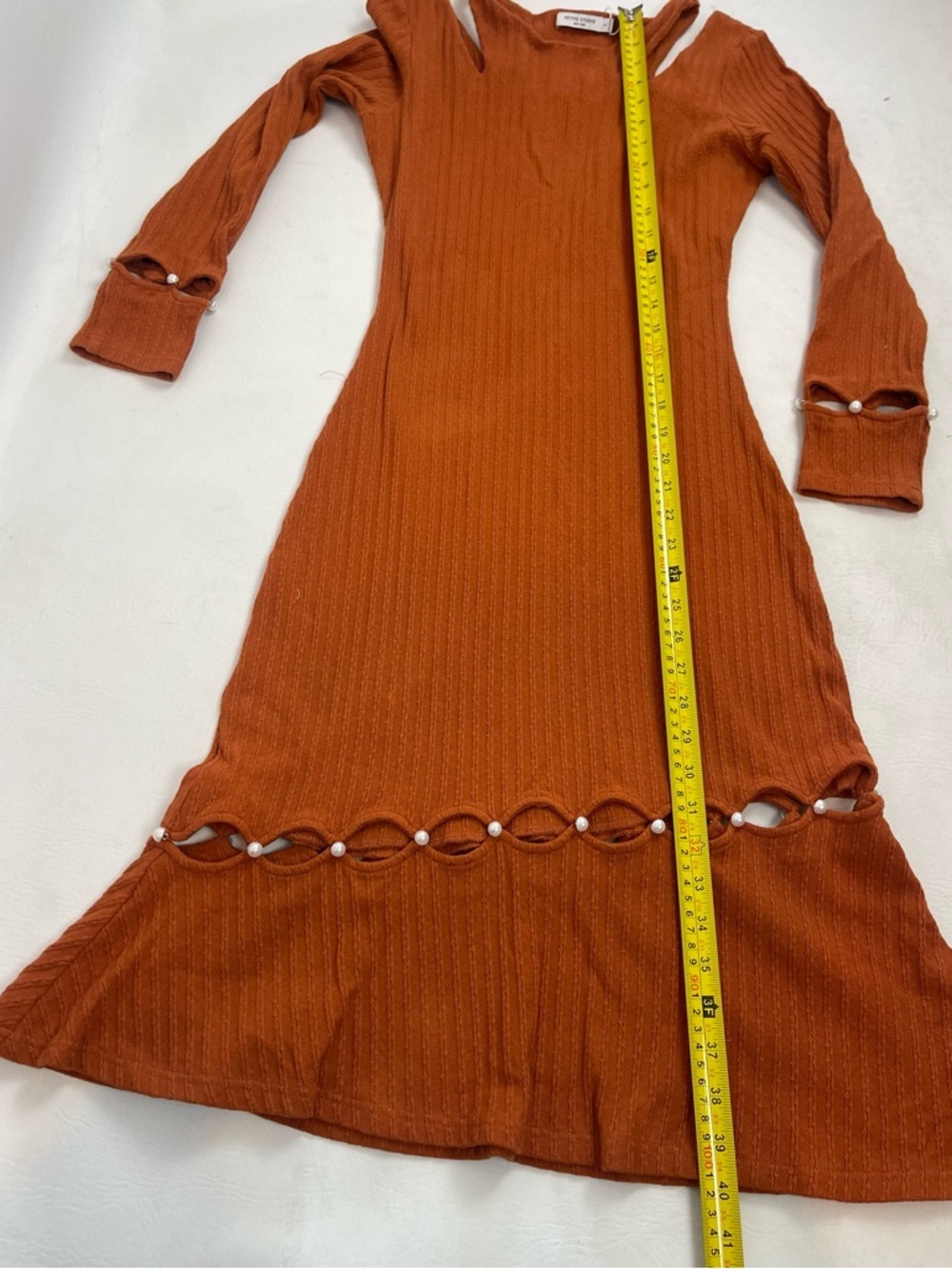 Petite Studio Ribbed Knit Midi Dress Rust Orange Pearl Detail Size Small - Picture 7 of 11